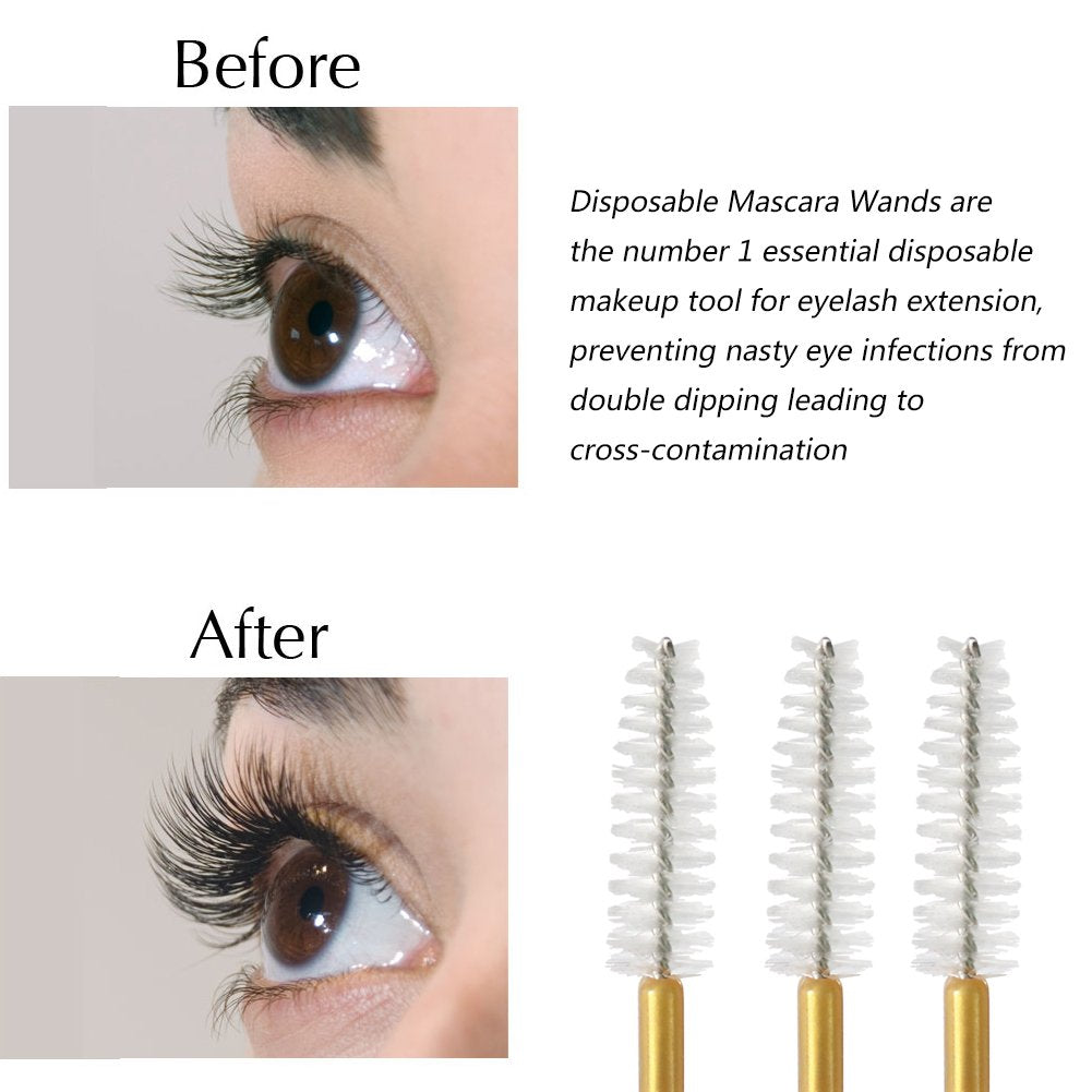 300 Pcs Disposable Mascara Wands Brushes Eyelash Extensions Eye Lash Wand Makeup Applicators Tool, Gold/White