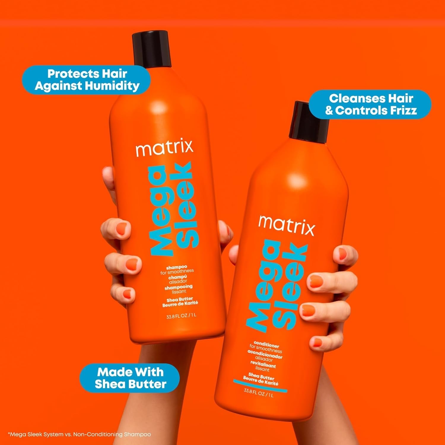 Mega Sleek Shampoo and Conditioner Set | Controls Frizz Leaving Hair Smooth & Shiny | Nourishes with Shea Butter | for Dry, Damaged Hair | Packaging May Vary